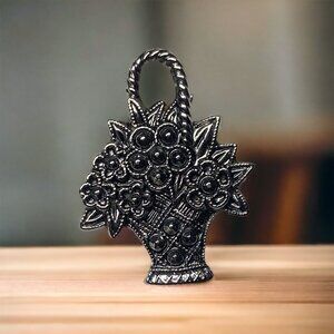 Vintage Avon Flower‎ Basket Bouquet Pin 1982 Antiqued Silver Floral